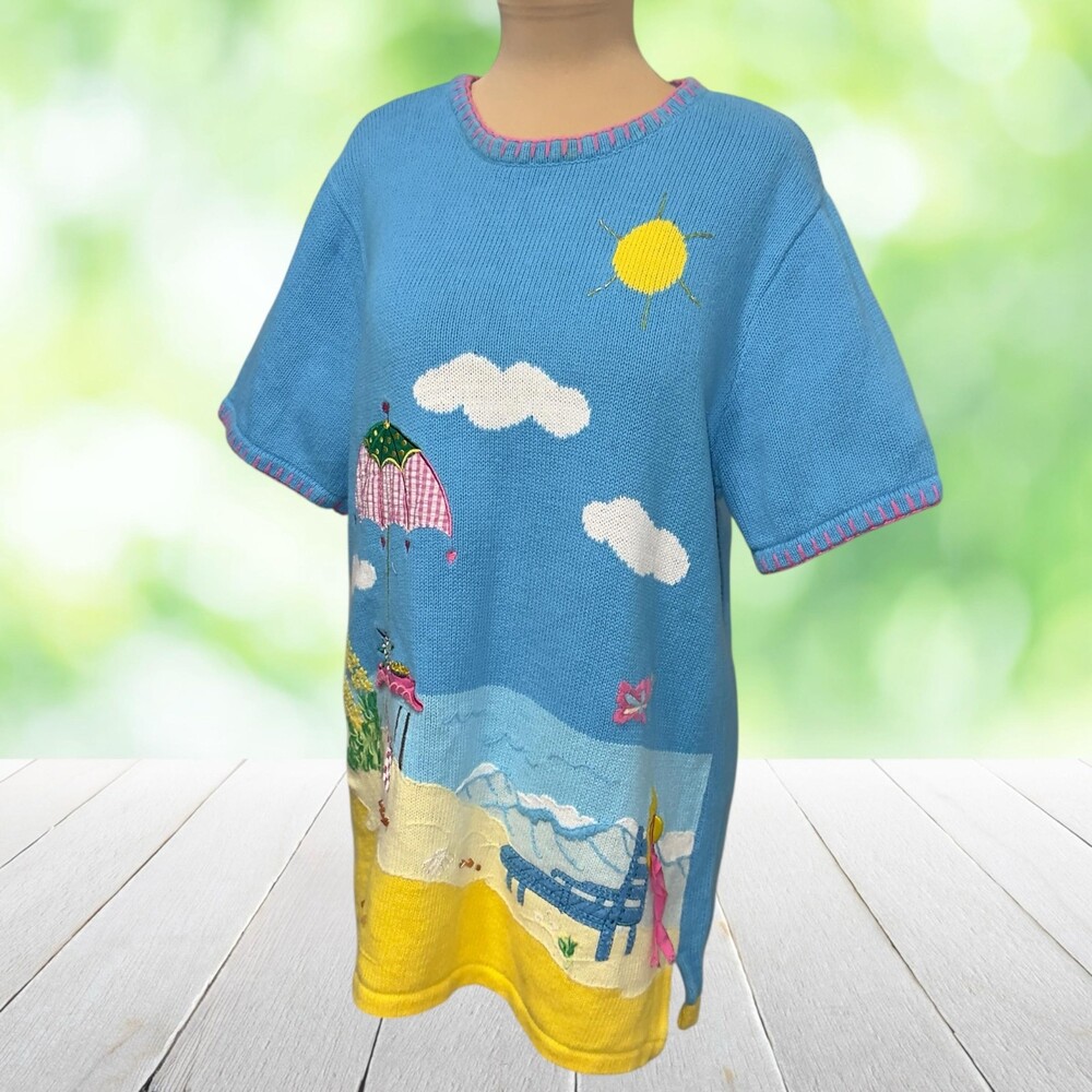 Vintage QUACKER FACTORY Beach Scene Sweater Tunic Embroidered Artwear Size L